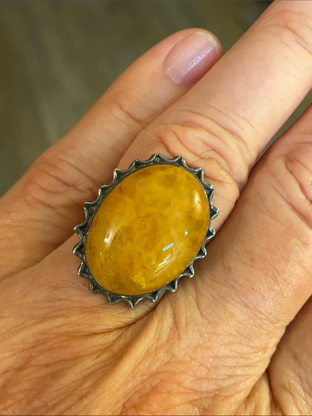 Vintage 925 Sterling Silver Honey Calcite Statement Ring Size 7.5–7.75